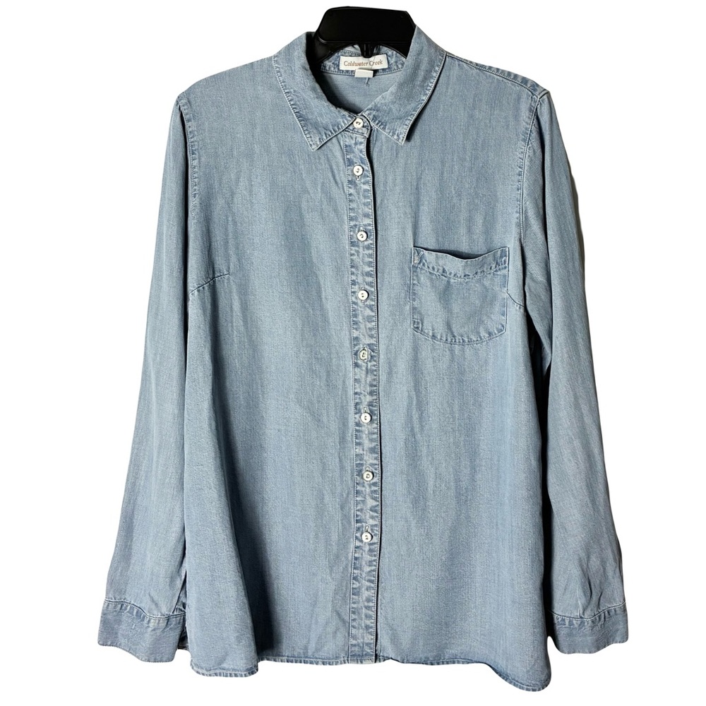 New Coldwater Creek Button Shirt Women’s L - 14 Blue Chambray Tencel Pocket